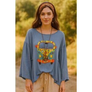 Misslook Blue Boho Hippie VW Bus Graphic Top Plus 2X Festival Peasant Blouse